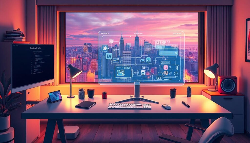 A cozy home office setup with a sleek, minimal desk and a large, high-resolution monitor. On the desk, an elegant, floating holographic display showcases a visual programming interface for prompt engineering, with intuitive drag-and-drop tools and contextual controls. The space is bathed in warm, ambient lighting, creating a focused and productive atmosphere. In the background, a large window offers a panoramic view of a vibrant, futuristic cityscape, hinting at the cutting-edge technology and innovation at the heart of this "no-code prompt engineering" process.