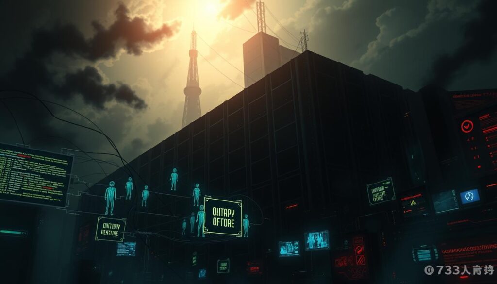 A dark, gritty cyberpunk landscape with a towering data center in the background, its ominous presence casting long shadows over the scene. In the foreground, a network of digital threats - glitching code, surging power lines, and ghostly binary figures - converge ominously, hinting at the growing menace of data breaches. Flickering screens and ominous holographic displays provide glimpses of sensitive information being compromised. Dramatic lighting casts deep shadows, creating a tense, unsettling atmosphere that conveys the gravity of the emerging cyber threats.