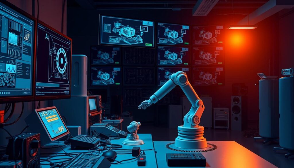 A dimly lit laboratory, with a large monitor displaying a complex simulation interface. In the foreground, a sleek, modern workstation with various input devices and sensors, surrounded by a network of cables and connections. In the middle ground, a robotic arm poised to interact with a 3D-printed model, its movements precisely orchestrated by the simulation software. The background showcases a wall of display screens, each showing different stages of the simulation, creating an immersive, high-tech atmosphere. Soft, indirect lighting casts a warm glow, while the overall scene conveys a sense of focused, intense experimentation and the pursuit of AI-driven insights.