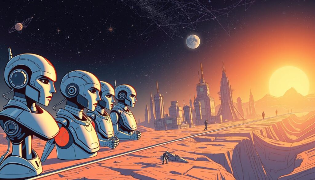 A dynamic, visually striking timeline depicting the evolution of artificial intelligence, with the prominent role of large language models at the center. The foreground showcases a sleek, glossy representation of various AI agents and models, each with distinct personalities and goals, symbolizing the advancement of AI capabilities. The middle ground features a bold, futuristic landscape with towering data structures and intricate neural networks, representing the technological infrastructure powering the AI ecosystem. The background subtly fades into a celestial, otherworldly atmosphere, hinting at the boundless potential and the cosmic scale of AI's impact on the human experience. The scene is illuminated by a warm, directional light, casting dramatic shadows and highlighting the depth and complexity of the AI evolution timeline.