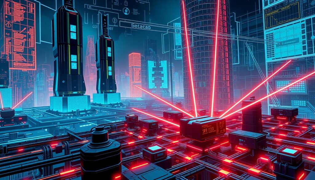 A futuristic digital landscape, with towering cyber defense towers standing vigilant against a backdrop of glowing neon grids and holographic interfaces. In the foreground, a complex web of data streams and security protocols intertwine, as sleek AI-powered systems monitor and analyze incoming threats. Beams of energy crackle between interconnected nodes, orchestrating a sophisticated response to the looming cyber danger. The scene is illuminated by a mix of cool, calculating tones and warm, reassuring hues, conveying a sense of technological prowess and unwavering protection. The overall atmosphere is one of advanced integration, where human ingenuity and artificial intelligence seamlessly collaborate to safeguard the digital frontier. A futuristic digital landscape, with towering cyber defense towers standing vigilant against a backdrop of glowing neon grids and holographic interfaces. In the foreground, a complex web of data streams and security protocols intertwine, as sleek AI-powered systems monitor and analyze incoming threats. Beams of energy crackle between interconnected nodes, orchestrating a sophisticated response to the looming cyber danger. The scene is illuminated by a mix of cool, calculating tones and warm, reassuring hues, conveying a sense of technological prowess and unwavering protection. The overall atmosphere is one of advanced integration, where human ingenuity and artificial intelligence seamlessly collaborate to safeguard the digital frontier.