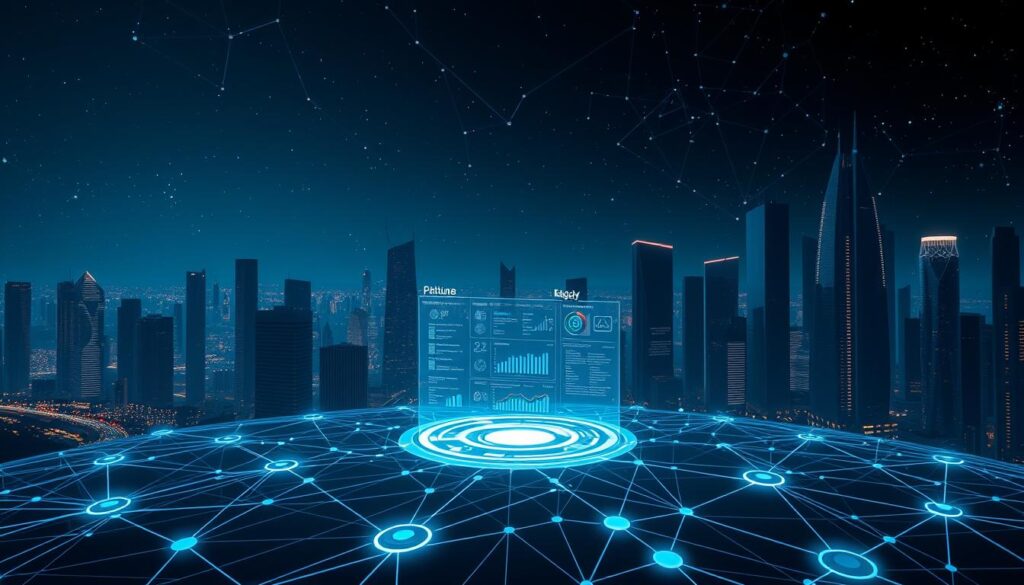 A highly detailed, sleek, and technical illustration of an "AI decision-making framework" against a dimly lit, futuristic backdrop. In the foreground, a complex neural network diagram with interlinking nodes and pathways, conveying the intricate processes of AI reasoning and decision-making. In the middle ground, a holographic display showcasing data visualizations, algorithms, and performance metrics, all illuminated by a cool, metallic glow. In the background, a cityscape of towering, angular skyscrapers silhouetted against a starry night sky, radiating a sense of technological advancement and innovation. Crisp, high-contrast lighting, with dramatic shadows and highlights, lending an air of sophistication and precision to the overall scene.