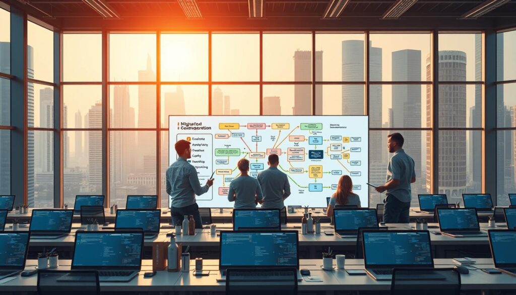 A large, modern office space with floor-to-ceiling windows, bathed in warm, natural daylight. In the foreground, a team of software engineers gathered around a digital whiteboard, intently discussing a complex diagram depicting code migration and automation processes. Colorful lines and shapes represent the flow of data, infrastructure, and codebase between legacy and new systems. The engineers' body language conveys a sense of focused collaboration and problem-solving. In the middle ground, rows of sleek, minimalist desks and workstations, with laptop screens displaying various coding tools and dashboards. The background features a cityscape of gleaming skyscrapers, reflecting the urban, innovative environment. An atmosphere of efficiency, innovation, and technological progress pervades the scene.