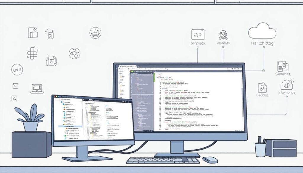 A modern software development workstation showcasing an intricate web-based code management system. In the foreground, a sleek desktop computer displays a comprehensive version control interface, highlighting branching, merging, and commit history. The middle ground features a large secondary display presenting a clean, well-organized code editor with syntax highlighting and intelligent code completion. In the background, a series of minimalist icons and visualizations depict seamless integration with cloud-based collaboration tools, automated testing frameworks, and continuous deployment pipelines. The overall scene conveys a sense of efficiency, productivity, and technological sophistication, perfectly suited to illustrate the advanced features and tools powering the Devin AI software engineering platform.
