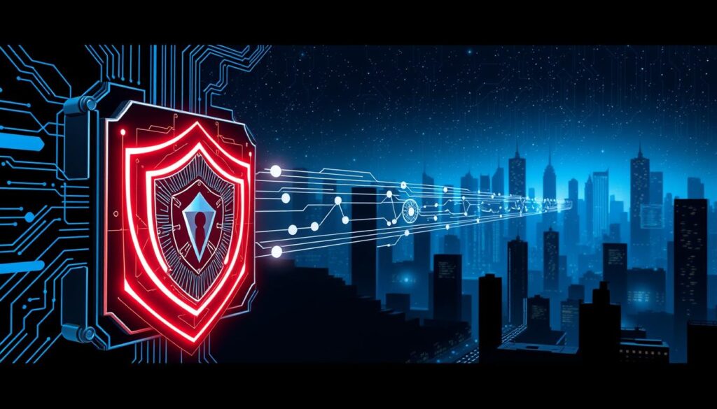 A sleek and modern cybersecurity interface, showcasing a secure network architecture. In the foreground, a stylized firewall with glowing digital shields and intricate circuit board patterns. In the middle ground, a visualization of data packets flowing through encrypted channels, represented by luminous lines and geometric shapes. The background depicts a cityscape silhouette, with skyscrapers and a starry night sky, symbolizing the vast and interconnected digital landscape that requires vigilant protection. Cool-toned lighting, with strategic use of blues and grays, creates a sense of technological sophistication and strategic vigilance. The overall composition conveys the idea of a comprehensive, multi-layered approach to network security, balancing form and function.
