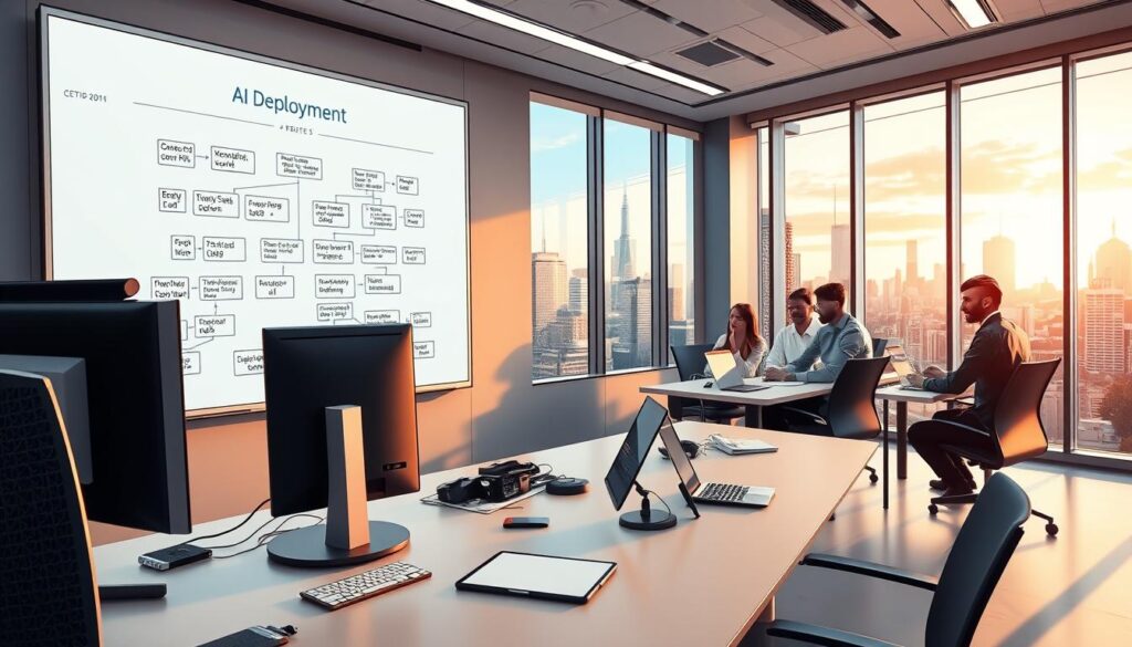 A sleek, modern office interior with an expansive whiteboard displaying a step-by-step flowchart for AI deployment. The foreground features an ergonomic desk with a powerful desktop computer, a tablet, and various engineering tools. The middle ground showcases a team of data scientists and software engineers collaboratively working on the project, their expressions focused and determined. The background depicts large windows overlooking a dynamic cityscape, bathed in warm, directional lighting that casts subtle shadows, creating a sense of depth and atmosphere. The overall scene conveys a professional, tech-savvy environment dedicated to the thoughtful and methodical implementation of AI systems.