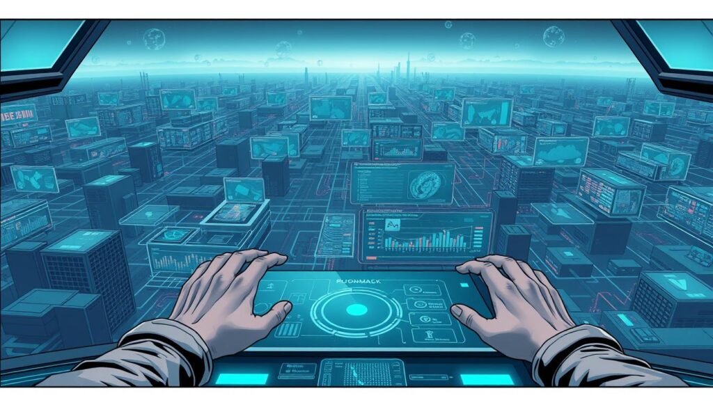 A sprawling AI landscape stretching into the distance, with modular workflows scaling across cloud servers and edge devices. In the foreground, a central command hub visualizes data pipelines, models, and real-time metrics. Sleek, holographic control panels hover in the air, operated by hands gesturing with precision. Ambient lighting casts a cool, industrial glow, while futuristic architecture frames the scene, leading the eye towards the horizon's boundless technological horizon.