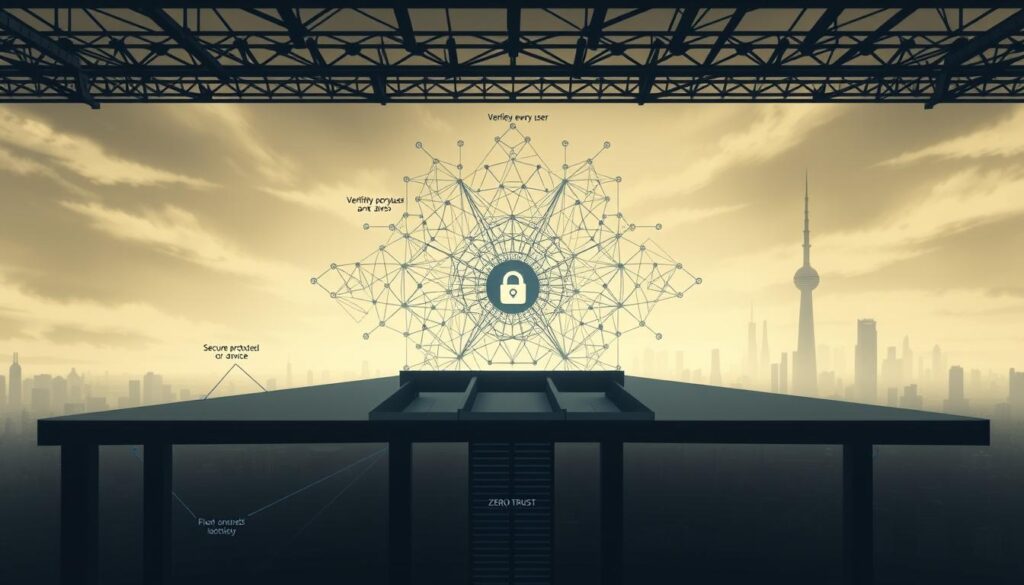 A striking architectural schematic depicting a zero trust cybersecurity framework. In the foreground, a sleek, minimalist structure with interconnected nodes and data flows, representing the core principles of zero trust - verifying every user, device, and connection. The middle ground features a complex web of secure protocols, encryption, and access controls, visualized as a pulsing, geometric lattice. The background showcases a dystopian cityscape, hinting at the ever-evolving cybersecurity landscape and the need for robust, adaptable zero trust solutions. The scene is rendered in a muted, industrial color palette, conveying a sense of strength, resilience, and technological sophistication.