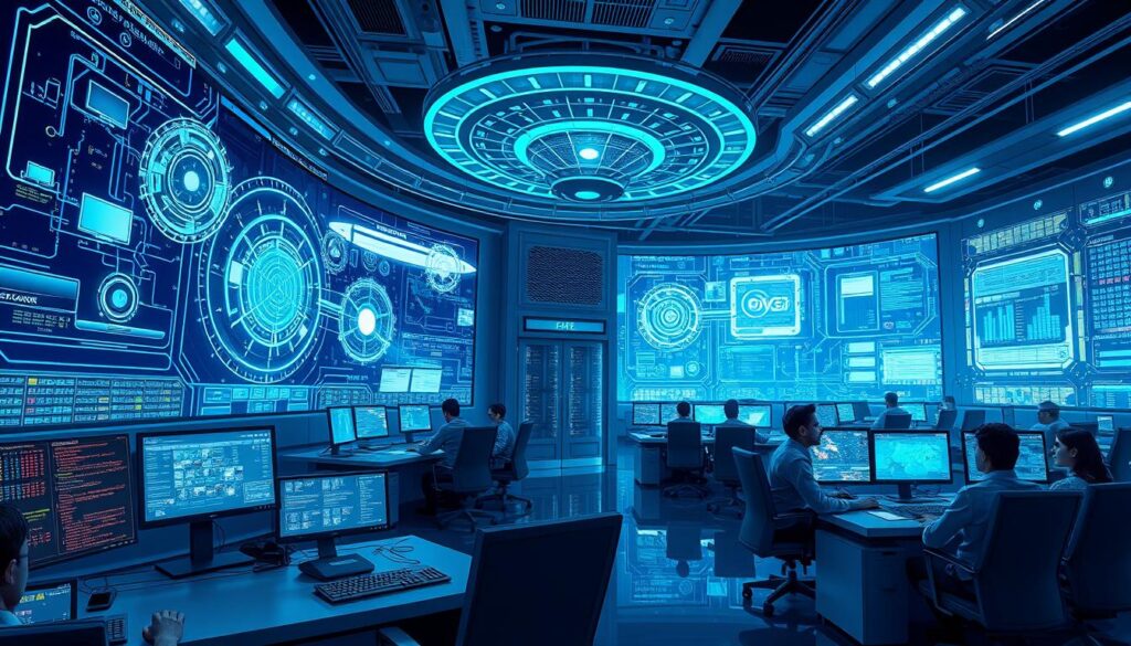 A vast control center with large, holographic displays showcasing intricate cybersecurity systems. Sophisticated algorithms continuously analyze networks, detecting and mitigating AI-powered cyber threats in real-time. Sleek, futuristic workstations are manned by vigilant analysts, their focused gazes fixed on the screens as they monitor the ebb and flow of digital activity. The room is bathed in the soft glow of blue and green hues, creating an atmosphere of high-tech precision and unwavering diligence. Powerful servers hum in the background, processing torrents of data to safeguard critical infrastructure from the looming AI-driven attacks. This is the nerve center of AI-powered threat detection and mitigation, a bulwark against the encroaching digital dangers. A vast control center with large, holographic displays showcasing intricate cybersecurity systems. Sophisticated algorithms continuously analyze networks, detecting and mitigating AI-powered cyber threats in real-time. Sleek, futuristic workstations are manned by vigilant analysts, their focused gazes fixed on the screens as they monitor the ebb and flow of digital activity. The room is bathed in the soft glow of blue and green hues, creating an atmosphere of high-tech precision and unwavering diligence. Powerful servers hum in the background, processing torrents of data to safeguard critical infrastructure from the looming AI-driven attacks. This is the nerve center of AI-powered threat detection and mitigation, a bulwark against the encroaching digital dangers.