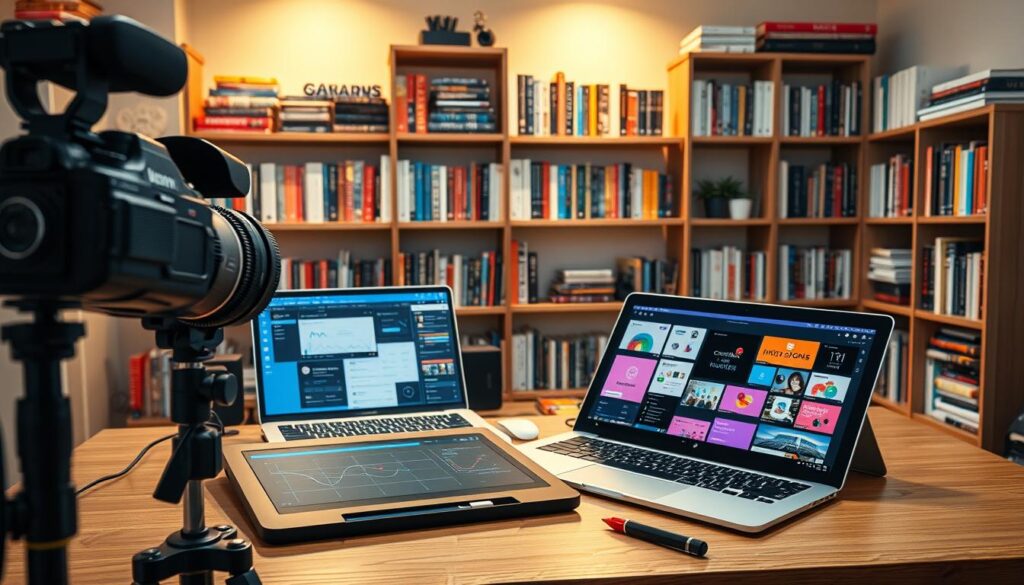 A well-lit studio filled with an array of content creation tools. In the foreground, a high-end DSLR camera and a professional-grade microphone stand ready for video and audio recording. Nearby, a sleek graphics tablet and stylus await digital illustration and photo editing. In the middle ground, a modern laptop displays various software interfaces for writing, video editing, and social media management. The background features shelves stocked with books on digital marketing, SEO, and content strategy, complemented by a subtle warm-toned lighting that creates a focused, productive atmosphere.