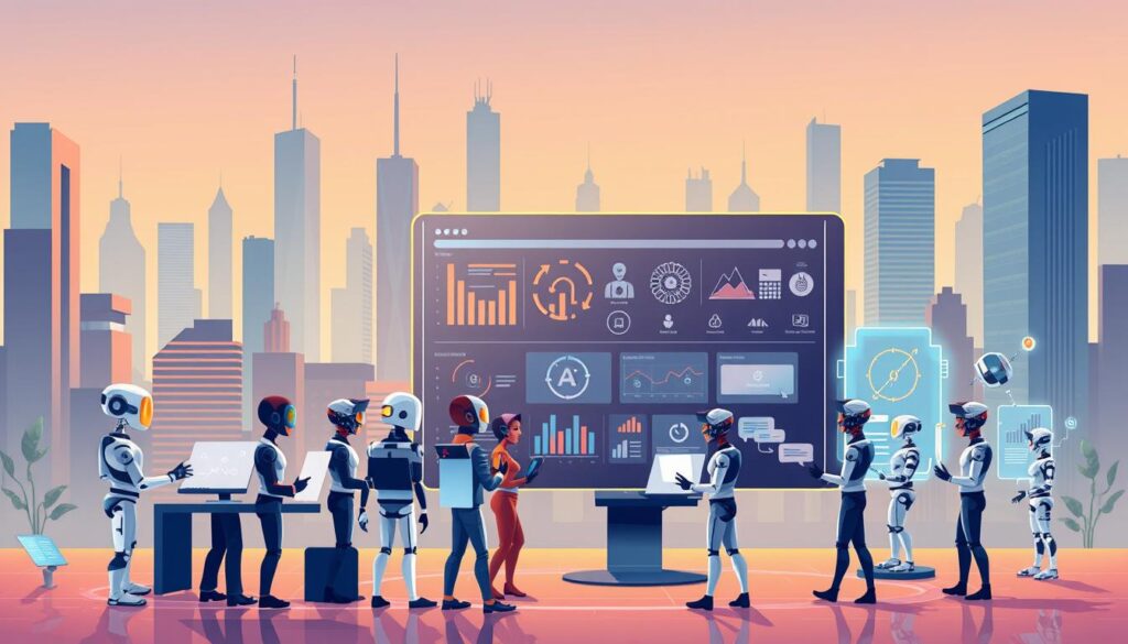 A dynamic, colorful illustration of AI agent business models and services. In the foreground, a diverse team of AI agents collaborating on data analysis, task automation, and customer service. In the middle ground, a sleek, minimalist UI showcasing various AI-powered offerings - from predictive analytics to intelligent chatbots. The background features a futuristic cityscape, with skyscrapers and holograms, conveying the cutting-edge, tech-forward nature of the AI agent ecosystem. The scene is bathed in warm, diffused lighting, creating a professional, high-tech atmosphere. The overall composition is balanced, with a sense of forward momentum and innovation.