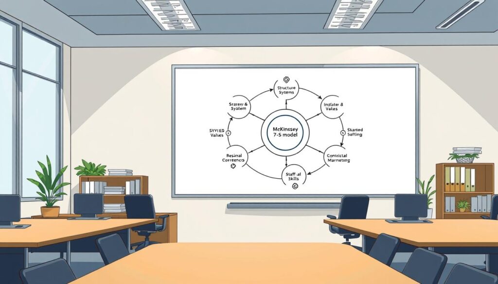 A well-organized office setting with an intricate diagram of the McKinsey 7-S model prominently displayed on a whiteboard. The diagram features interconnected circles representing the seven key elements: strategy, structure, systems, shared values, style, staff, and skills. The lighting is bright and even, creating a professional, business-oriented atmosphere. The camera angle is slightly elevated, giving a bird's-eye view of the scene, emphasizing the holistic nature of the model. The overall mood is one of intentionality, focus, and a commitment to developing core competencies within the organization.