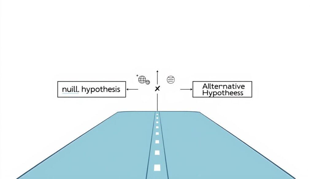 A crisp, clean diagram illustrating the concept of null hypothesis versus alternative hypothesis. The foreground features two distinct pathways, one labeled "Null Hypothesis" and the other "Alternative Hypothesis", visually contrasting the two statistical concepts. The middle ground showcases a clean, minimalist design with clear icons and labels to reinforce the meaning. The background is a soft, neutral tone that keeps the focus on the core diagram. Subtle lighting from the top-left casts a gentle shadow, adding depth and dimensionality to the illustration. The overall tone is one of clarity and scientific precision, befitting the subject matter of "Understanding Statistical Hypotheses".