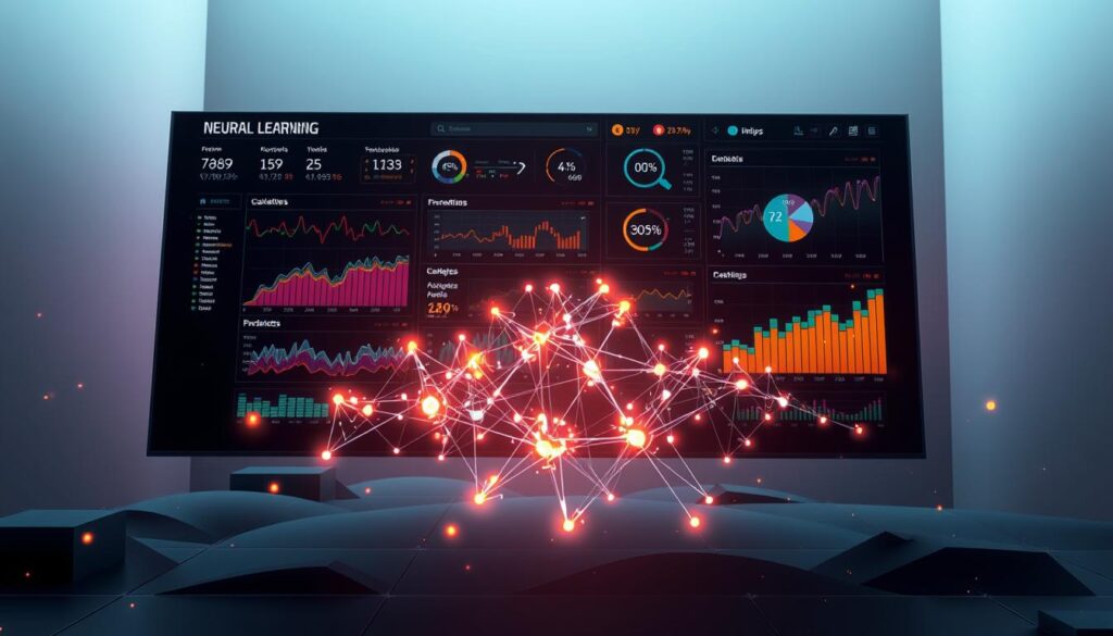 A data visualization dashboard hovers in a sleek, futuristic digital environment. Vibrant charts, graphs, and metrics depict the performance of a machine learning model, their colors and lines dancing with algorithmic precision. In the foreground, a complex neural network structure pulses with energy, its intricate connections visualized in shimmering holographic detail. The backdrop is a minimalist landscape of geometric shapes and floating data points, creating a sense of depth and technological sophistication. Soft, directional lighting casts dramatic shadows, emphasizing the analytical power and precision of the model's performance analysis.