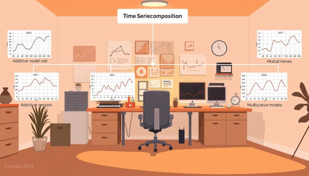 A detailed illustration of the step-by-step process for time series decomposition. In the foreground, a series of charts and graphs depicting the additive and multiplicative models, with clear annotations explaining each step. The middle ground features a collection of data visualization elements, including line plots, seasonal trends, and residuals. In the background, a minimalist workspace with a desk, computer, and office supplies, bathed in warm, diffused lighting that sets a focused, analytical mood. The overall composition conveys the systematic, data-driven nature of the time series decomposition technique. A detailed illustration of the step-by-step process for time series decomposition. In the foreground, a series of charts and graphs depicting the additive and multiplicative models, with clear annotations explaining each step. The middle ground features a collection of data visualization elements, including line plots, seasonal trends, and residuals. In the background, a minimalist workspace with a desk, computer, and office supplies, bathed in warm, diffused lighting that sets a focused, analytical mood. The overall composition conveys the systematic, data-driven nature of the time series decomposition technique.