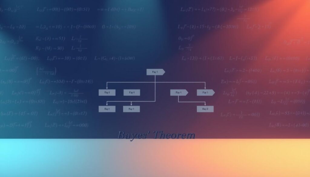 A detailed, scientifically accurate diagram of Bayes' Theorem, rendered with a clean, minimal aesthetic. In the foreground, a simple yet elegant visualization of the theorem's core formula, with clear labels for the key components. The middle ground depicts a flow chart showcasing the logical steps of the theorem, using geometric shapes and lines to convey the conceptual framework. In the background, a subtle backdrop of mathematical equations and statistical notations, conveying the rigorous theoretical foundation. Crisp lighting from multiple angles highlights the key elements, creating depth and emphasizing the logical structure. The overall mood is one of clarity, precision, and academic rigor, befitting the core concepts of this fundamental statistical principle.
