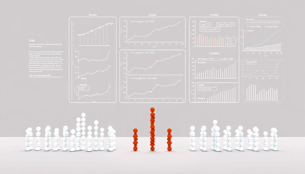 A meticulously composed image showcasing the fundamentals of group means comparison. In the foreground, a clean and visually striking display of three distinct groups, each represented by a neatly arranged set of data points. The middle ground features a sophisticated statistical analysis, with carefully crafted graphs and charts providing a clear visualization of the relationships between the group means. The background subtly evokes a sense of scientific inquiry, with a muted color palette and clean, minimalist design elements that complement the technical nature of the subject matter. Precise lighting and camera angles ensure a sense of depth and balance, creating a visually compelling illustration that effectively conveys the core concepts of ANOVA.