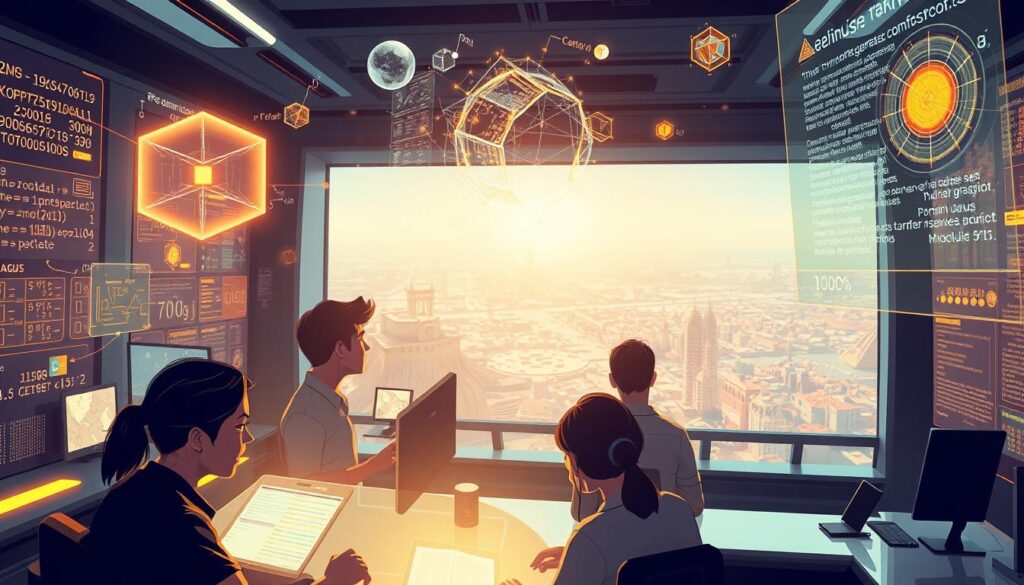 A sleek, futuristic lab with advanced holographic interfaces and sophisticated algorithms visually represented as dynamic 3D models. Floating data structures, complex mathematical equations, and intricate code visualizations fill the space, casting a warm, techno-organic glow across the scene. In the foreground, a team of game developers intently studying the procedural generation algorithms, their faces illuminated by the holographic displays. The background features a panoramic view of a sprawling, hyper-detailed game world, hinting at the limitless possibilities of AI-driven content creation. Crisp lighting, a sense of depth, and a subtle sense of forward momentum convey the innovative spirit of modern game development.