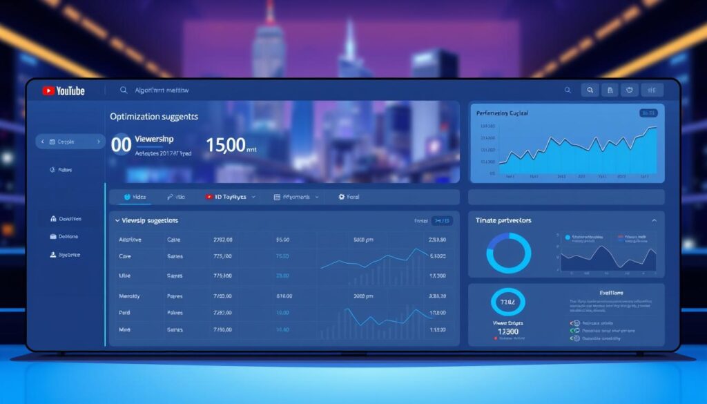 A sleek, minimalist dashboard interface showcasing a YouTube algorithm optimization tool. In the foreground, a clean grid layout displays key performance metrics and optimization suggestions, bathed in a soft, blue-tinted lighting. In the middle ground, subtle data visualizations and charts provide in-depth insights into viewership trends and audience engagement. The background features a blurred, cinematic cityscape, conveying a sense of technological sophistication. The overall mood is one of precision, control, and the power of data-driven decision making for YouTube content creators.