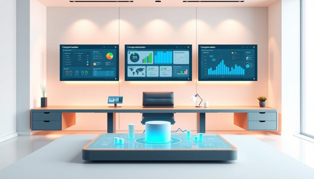 A sleek, minimalist office setting with a large desk showcasing a suite of AI-powered compensation management tools. In the foreground, a holographic interface displays customizable dashboards, analytical charts, and intuitive controls. The middle ground features a stylized 3D model of a compensation workflow, with dynamic data visualizations and intelligent recommendations. The background bathes the scene in a soft, ambient glow, hinting at the advanced computational power driving these automated processes. Lighting is crisp and directional, casting subtle shadows that accentuate the modern, high-tech aesthetic. The overall impression is one of efficiency, innovation, and the seamless integration of human expertise with AI-driven capabilities.