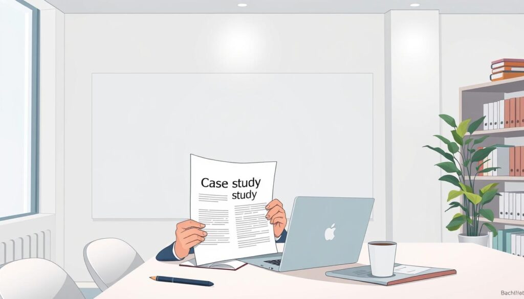 A sleek, modern office interior with a large whiteboard on the wall. In the foreground, a person sits at a desk, intently studying a case study document. Soft, indirect lighting creates a contemplative atmosphere. The desk is neatly organized, with a laptop, a pen, and a cup of coffee. In the background, shelves filled with reference materials and a potted plant add a touch of warmth to the scene. The overall impression is one of focused, analytical work in a professional, minimalist setting.