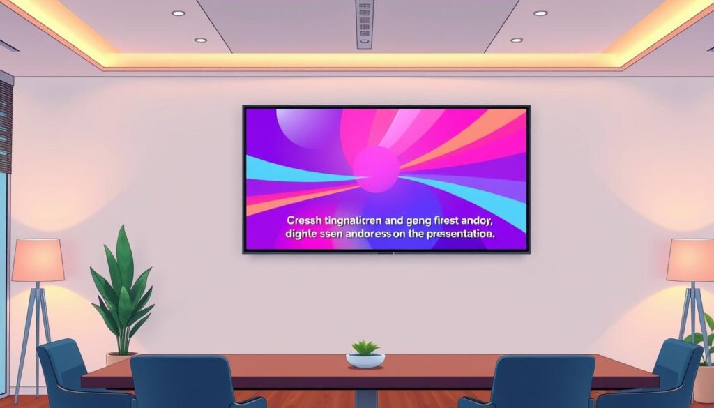 A sleek, modern office setting with a large display screen on the wall, showcasing vibrant, animated captions that seamlessly synchronize with an onscreen presentation. The captions are clear, easy to read, and visually appealing, enhancing the accessibility and engagement of the digital content. The room is well-lit, with warm, diffused lighting creating a welcoming and inclusive atmosphere. The display and surrounding decor convey a sense of technological sophistication and a commitment to inclusive design. The scene exudes a harmonious blend of functionality and aesthetics, underscoring the power of AI-driven solutions to elevate the digital experience for all users.