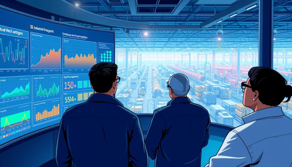 A state-of-the-art industrial energy management control room, featuring a large, curved display wall showcasing real-time data analytics and optimization recommendations. The foreground depicts a team of engineers intently monitoring the system, their faces illuminated by the soft, ambient lighting. In the middle ground, a network of interconnected machines and equipment are visible, their energy consumption patterns visualized through vibrant, color-coded graphs and charts. The background reveals a panoramic view of a bustling factory floor, where automation and IoT sensors work in harmony to optimize energy efficiency across the entire production ecosystem. A state-of-the-art industrial energy management control room, featuring a large, curved display wall showcasing real-time data analytics and optimization recommendations. The foreground depicts a team of engineers intently monitoring the system, their faces illuminated by the soft, ambient lighting. In the middle ground, a network of interconnected machines and equipment are visible, their energy consumption patterns visualized through vibrant, color-coded graphs and charts. The background reveals a panoramic view of a bustling factory floor, where automation and IoT sensors work in harmony to optimize energy efficiency across the entire production ecosystem.