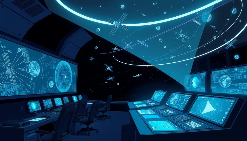 A vast, dimly-lit control room with banks of displays and monitors, illuminating the faces of technicians deeply focused on tracking objects in the void of space. Holographic projections cast an eerie glow, visualizing the complex movements and trajectories of satellites, space debris, and other objects. Sleek, futuristic consoles and control panels line the room, their surfaces adorned with intricate displays and control interfaces. The atmosphere is tense yet determined, as the team works tirelessly to monitor and predict the behavior of the ever-changing space environment.