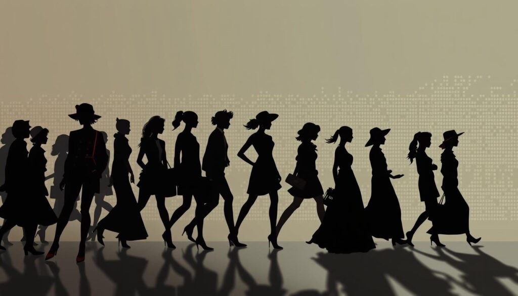 A visually captivating illustration of the evolution of fashion trends over time. In the foreground, a dynamic display of silhouettes, textures, and colors representing the changing styles across eras, from retro vintage to cutting-edge contemporary. In the middle ground, a shadowy timeline of iconic fashion statements, captured with a sense of movement and fluidity. In the background, a subdued yet striking backdrop of pixelated digital patterns, symbolizing the shift towards technology-driven trend analysis in the digital age. Crisp, high-contrast lighting casts dramatic shadows, creating a sense of depth and emphasis on the central fashion elements. Shoot with a wide-angle lens to encompass the breadth of the concept, and a slight low-angle perspective to amplify the sense of progression and transformation.