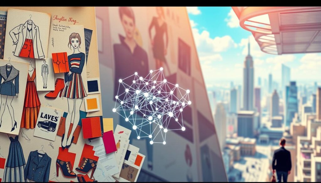 A visually striking depiction of the evolution of fashion trend forecasting, captured through a series of vignettes. In the foreground, a collage of vintage fashion sketches, swatches, and color palettes, representing the analog era. Transitioning to the middle ground, a three-dimensional data visualization, with interconnected nodes and lines, symbolizing the rise of digital trend analysis. In the background, a futuristic cityscape, where AI-powered algorithms and social media data streams converge, shaping the fashion landscape of tomorrow. Crisp lighting, a cinematic depth of field, and a sense of dynamic progression create a compelling narrative that showcases the transformation of this industry.