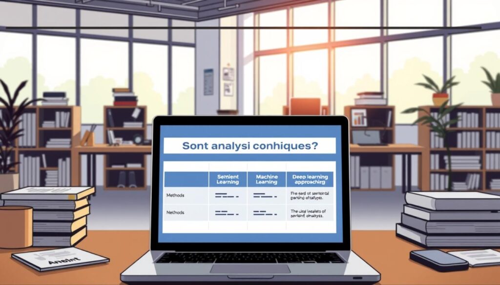 A well-lit workspace with an array of sentiment analysis techniques neatly displayed. In the foreground, a laptop screen showcases a comparison of popular methods like rule-based, machine learning, and deep learning approaches. In the middle ground, books, charts, and data visualizations provide context. The background features a clean, minimalist office setting with large windows, letting in natural light that creates a calm, focused atmosphere. The scene conveys a sense of academic rigor and technological prowess applied to the art of sentiment analysis.