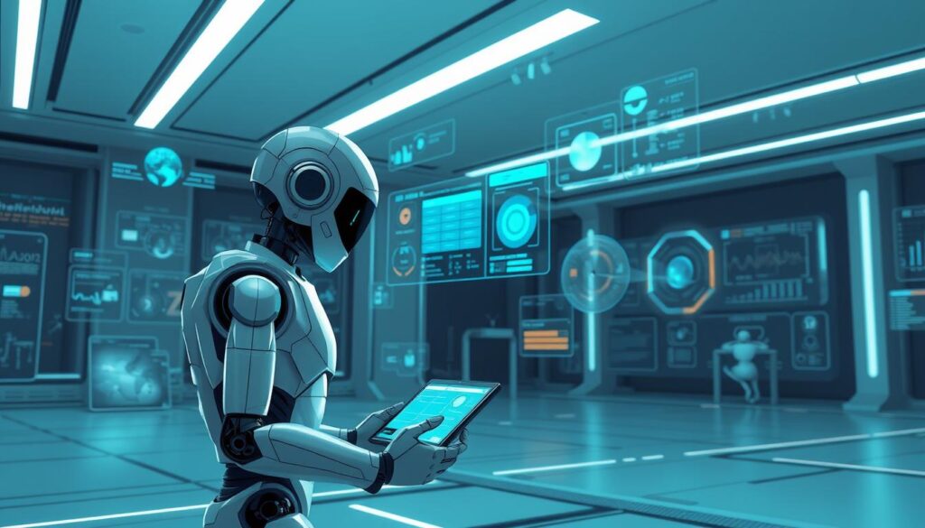 a highly detailed, photorealistic digital illustration of a reinforcement learning agent interacting with its environment. The agent, a sleek and advanced-looking robot, is situated in a futuristic, minimalist setting with clean lines and subtle lighting. The robot is shown in the foreground, engaged in some form of interaction or exploration, such as analyzing data visualizations or interacting with various control panels and interfaces. The middle ground features various holographic displays, data streams, and other visual elements that convey the sense of a dynamic, technological environment. The background is dimly lit, with hints of advanced architecture and machinery, creating a sense of depth and scale. The overall mood is one of scientific inquiry, technological innovation, and the seamless integration of artificial intelligence and the physical world.