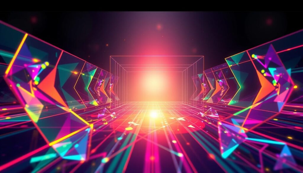 3D vision depth perception, a stunning digital artwork showcasing the intricate interplay of light, shadow, and dimensional planes. In the foreground, a vibrant array of geometric shapes and lines converge, creating a kaleidoscopic effect that simulates depth and perspective. The middle ground features a series of transparent, overlapping planes, each with a unique refractive quality, giving the impression of depth and distance. In the background, a soft, ethereal glow emanates, illuminating the scene with a dreamlike ambiance. The lighting is precise, with strategic use of chiaroscuro to enhance the sense of volume and dimensionality. The overall composition is a masterful blend of technical precision and artistic vision, perfectly capturing the essence of advanced vision techniques.