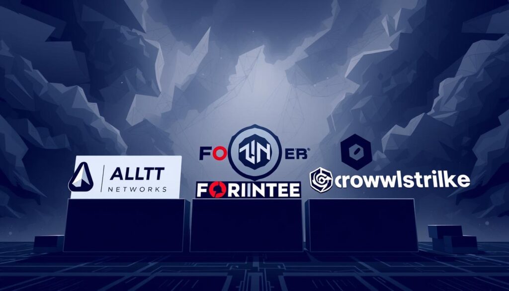 A bold, high-contrast composition showcasing the prominent logos and branding of leading AI cybersecurity companies. In the foreground, the powerful logos of top-tier providers such as Palo Alto Networks, Fortinet, and Crowdstrike stand out against a sleek, techno-industrial backdrop. In the middle ground, abstract geometric shapes and wireframe patterns suggest the complex digital infrastructure these solutions protect. The background is shrouded in an ominous, storm-like atmosphere, hinting at the ever-evolving cybersecurity threats these companies work to defend against. Dramatic lighting casts dramatic shadows, creating depth and emphasizing the gravitas of the subject matter. The overall tone is one of authority, innovation, and unwavering digital safeguarding. A bold, high-contrast composition showcasing the prominent logos and branding of leading AI cybersecurity companies. In the foreground, the powerful logos of top-tier providers such as Palo Alto Networks, Fortinet, and Crowdstrike stand out against a sleek, techno-industrial backdrop. In the middle ground, abstract geometric shapes and wireframe patterns suggest the complex digital infrastructure these solutions protect. The background is shrouded in an ominous, storm-like atmosphere, hinting at the ever-evolving cybersecurity threats these companies work to defend against. Dramatic lighting casts dramatic shadows, creating depth and emphasizing the gravitas of the subject matter. The overall tone is one of authority, innovation, and unwavering digital safeguarding.