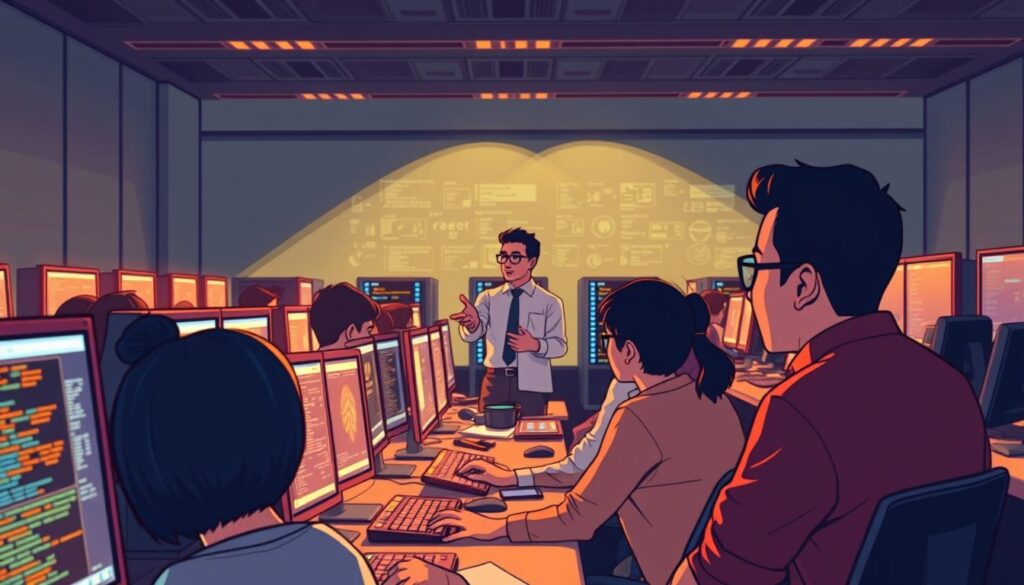 A bustling AI classroom illuminated by the warm glow of computer monitors. In the foreground, students intently study coding projects and complex data visualizations, their faces alight with concentration. In the middle ground, an instructor gestures animatedly, guiding the class through the fundamentals of machine learning algorithms. The background features a bank of sleek, high-performance workstations, reflecting the cutting-edge technology powering the AI curriculum. Soft, directional lighting casts an atmosphere of focused intellectual engagement, while the overall composition suggests the serious, transformative nature of the essential skills being taught.