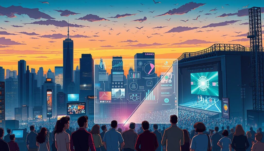 A bustling city skyline at dusk, with skyscrapers and neon lights illuminating the night. In the foreground, a group of people are gathered around a large holographic display, captivated by the dynamic data visualizations and interactive AI-powered content. The scene is bathed in a warm, cinematic glow, highlighting the immersive and futuristic nature of the entertainment industry's embrace of AI technology. The middle ground features a mix of digital signage, augmented reality overlays, and cutting-edge projection mapping, showcasing the seamless integration of AI into marketing and audience engagement. In the background, a large stage is set, with a dazzling light show and AI-generated visuals captivating the audience, hinting at the transformative power of AI in live entertainment.