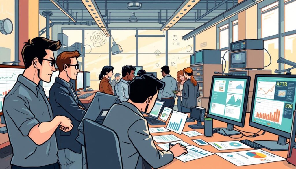 A bustling office setting, bathed in warm, natural light from large windows. In the foreground, data analysts intently study charts and graphs displayed on multiple computer screens, their expressions focused and determined. In the middle ground, a team gathers around a central table, engaged in animated discussions, referencing various data collection reports. The background showcases an array of sophisticated data collection equipment, from sensors and IoT devices to cloud-connected databases, all working in harmony to gather and process the information that drives the team's predictive analytics. The overall atmosphere conveys a sense of collaborative, cutting-edge innovation, as the organization harnesses the power of real-time data to drive business decisions.