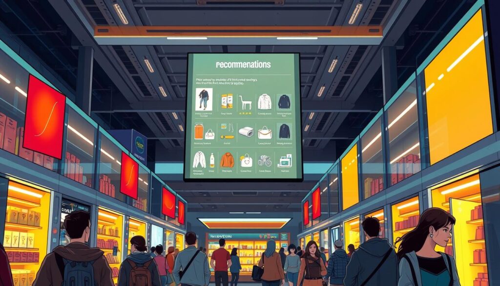 A bustling retail store interior, with a large, illuminated recommendation engine display at the center. The display showcases personalized product suggestions, highlighted by warm, inviting lighting. Customers browse the store, their faces illuminated by the glow of the recommendation system. The store's architecture features sleek, modern design elements, creating a high-tech atmosphere. In the background, subtle movement of inventory management systems can be seen, reflecting the integration of machine learning throughout the retail experience. A bustling retail store interior, with a large, illuminated recommendation engine display at the center. The display showcases personalized product suggestions, highlighted by warm, inviting lighting. Customers browse the store, their faces illuminated by the glow of the recommendation system. The store's architecture features sleek, modern design elements, creating a high-tech atmosphere. In the background, subtle movement of inventory management systems can be seen, reflecting the integration of machine learning throughout the retail experience.