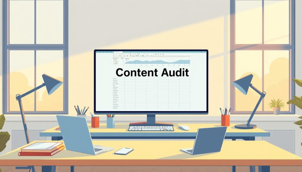 A clean, minimalist office space with a desk, laptop, and various stationery items. The desk is neatly organized, with a large monitor displaying a spreadsheet or document titled "Content Audit". Warm, natural lighting filters through large windows, casting a soft glow on the scene. The atmosphere is one of focused productivity, inviting the viewer to dive into the detailed analysis of website content. The composition emphasizes the centrality of the "Content Audit" task, framed by the surrounding workspace essentials.