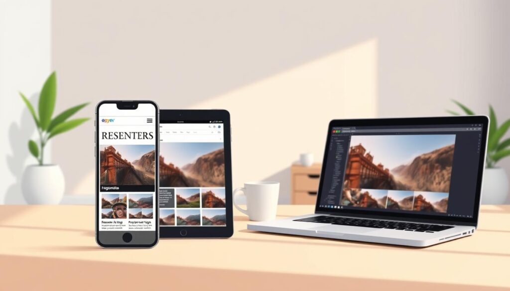 A clean, well-lit studio setting featuring various responsive images on different devices. In the foreground, a smartphone, tablet, and laptop display responsive website designs with crisp, high-quality images that adapt to the screen sizes. The middle ground showcases a developer's workspace with code editor, coffee mug, and notes, hinting at the technical work behind optimizing images. The background is a minimalist, slightly defocused wall, highlighting the simplicity and elegance of the responsive design. Warm, natural lighting creates a calm, professional atmosphere, emphasizing the importance of thoughtful image optimization for the web.