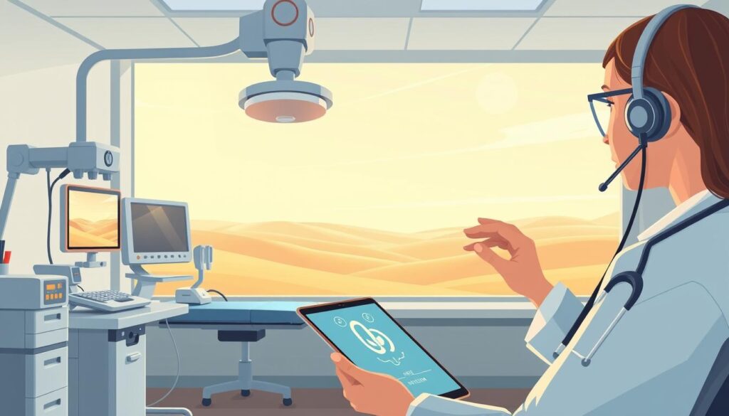 A clinical setting with modern medical equipment and technology. In the foreground, a healthcare professional conducts a remote teleaudiology consultation, using a high-resolution headset and a sleek, touch-enabled tablet device. The middle ground features a well-appointed examination room with diagnostic tools and instruments, all bathed in warm, soft lighting. In the background, a serene, calming landscape with rolling hills and a clear sky, suggesting a secure, regulated environment for remote healthcare services. The overall atmosphere conveys professionalism, efficiency, and a patient-centric approach to teleaudiology.