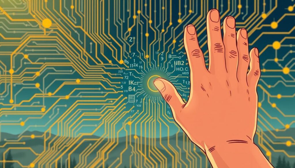 A complex circuit board with intricate pathways and components, illuminated by a warm, focused light source. In the foreground, a hand reaches towards the board, symbolizing the process of feature engineering - the careful selection and transformation of raw data into meaningful, informative features for a machine learning model. The middle ground features a swirl of mathematical equations, statistical visualizations, and data analytics tools, conveying the analytical depth and rigor involved. The background is a softly blurred landscape of interconnected nodes and lines, representing the broader context of AI and data-driven decision making.