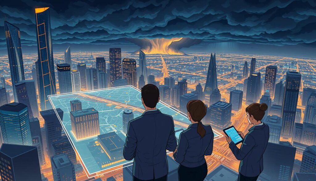 A complex cityscape at night, with towering skyscrapers and bustling streets. In the foreground, a team of disaster response professionals gathered around a holographic display, analyzing real-time data and coordinating emergency procedures. The display projects a 3D map of the city, with highlighted areas of concern and projected storm paths. The team members wear sleek, futuristic uniforms and utilize advanced tablets and communication devices. In the background, the sky is illuminated by the glow of the city, with ominous storm clouds gathering on the horizon, hinting at the impending disaster that the AI-powered response plan aims to mitigate.