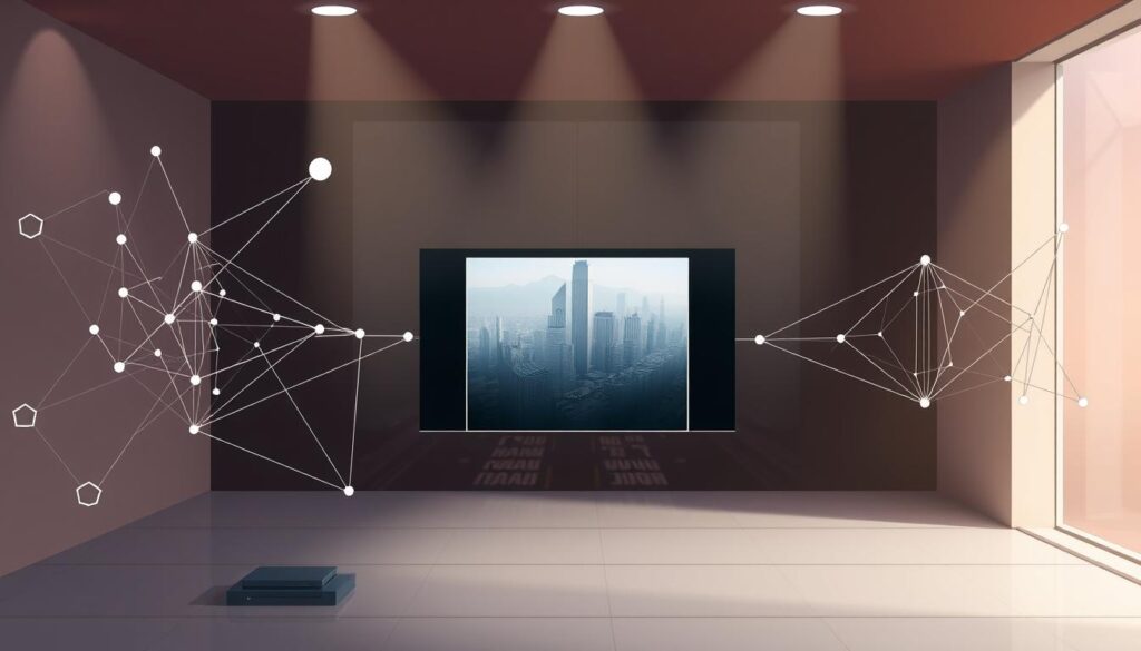 A complex neural network diagram illuminated by a soft, diffuse lighting setup. In the foreground, various geometric shapes and forms represent the key components of machine learning image recognition - convolutional layers, pooling operations, fully connected networks. The middle ground showcases a high-resolution photograph being analyzed, with data flows and activations visualized. In the background, a hazy cityscape with skyscrapers and traffic hints at real-world applications. The overall mood is one of technological sophistication and scientific inquiry, inviting the viewer to explore the inner workings of this powerful image processing technique.
