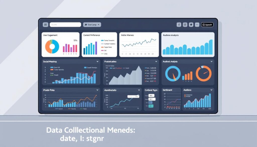 A comprehensive data visualization dashboard displaying a wide range of social media analytics metrics, including user engagement, content performance, audience demographics, and sentiment analysis. The dashboard is set against a sleek, minimalist backdrop, with clean lines, neutral tones, and subtle gradients. The information is presented through a combination of intuitive graphs, charts, and interactive data visualizations, providing a clear and insightful overview of the social media data. The overall aesthetic conveys a sense of professionalism, efficiency, and data-driven decision making, perfectly suited for the "Data Collection Methods in Social Media Analytics" section of the article. A comprehensive data visualization dashboard displaying a wide range of social media analytics metrics, including user engagement, content performance, audience demographics, and sentiment analysis. The dashboard is set against a sleek, minimalist backdrop, with clean lines, neutral tones, and subtle gradients. The information is presented through a combination of intuitive graphs, charts, and interactive data visualizations, providing a clear and insightful overview of the social media data. The overall aesthetic conveys a sense of professionalism, efficiency, and data-driven decision making, perfectly suited for the "Data Collection Methods in Social Media Analytics" section of the article.