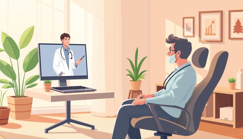A cozy home office setting with a virtual doctor's appointment on a laptop screen. A patient sits comfortably in an ergonomic chair, dressed casually, while a medical professional appears on the screen, discussing follow-up care. Warm, natural lighting fills the room, creating a relaxed and inviting atmosphere. The background features minimalist decor, with a few potted plants and framed artwork adding a touch of personality. The overall scene conveys a sense of ease and convenience, reflecting the benefits of telehealth follow-up appointments.