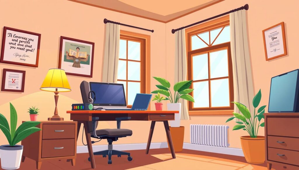 A cozy home office setup with a desk, comfortable chair, and large window providing natural lighting. On the desk, a laptop and headset for video conferencing, along with a potted plant and a warm lamp. The walls are adorned with inspirational artwork and diplomas, creating a professional yet inviting atmosphere. The camera angle is slightly elevated, capturing the scene from an eye-level perspective, ensuring a clear and engaging view of the teletherapy best practices environment.