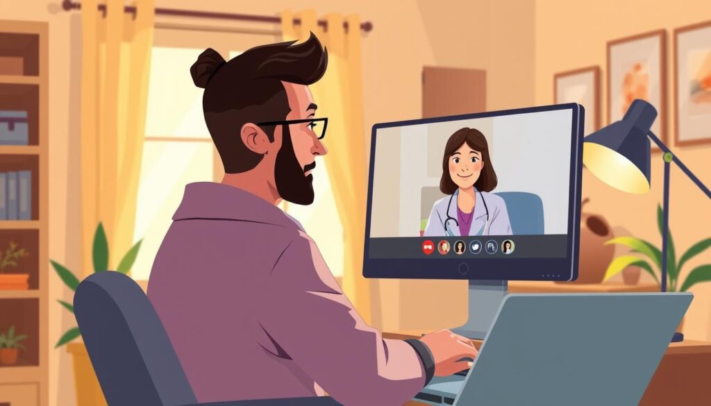 A cozy, well-lit home office setup with a person on a video call, engaged in a behavioral teletherapy session. The counselor's face is clearly visible, offering empathetic expression and attentive body language. The client's face is partially obscured, conveying a sense of privacy and comfort. Soft, natural lighting illuminates the scene, creating a calming ambiance. The background features warm, earthy tones, with subtle decor elements that suggest a nurturing, therapeutic environment. The overall composition emphasizes the intimate, personalized nature of the remote counseling experience.