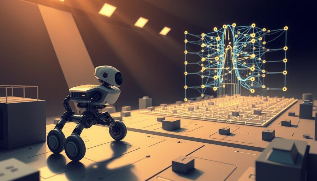 A crisp, detailed illustration of the fundamental principles of model-based reinforcement learning. In the foreground, a sleek, state-of-the-art robotic agent navigates a complex, 3D environment, its sensors and actuators seamlessly integrated. In the middle ground, a visualization of the agent's internal model, a dynamic representation of the environment's dynamics and transition functions. In the background, a neural network architecture depicting the agent's policy and value function, optimized through iterative model-learning and planning. The scene is bathed in warm, directional lighting, creating a sense of depth and dimensionality. The overall mood is one of scientific exploration and technological progress, reflecting the powerful capabilities of this reinforcement learning approach.