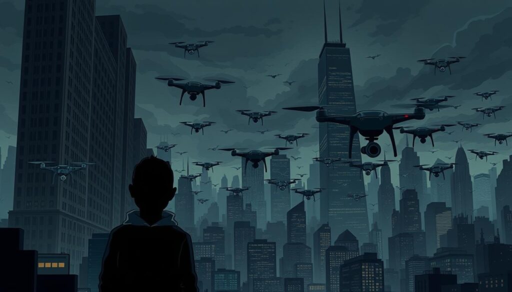 A dark and ominous cityscape, with tall, imposing skyscrapers towering over the streets below. In the foreground, a shadowy figure stands, their face obscured, symbolizing the invasion of privacy in the digital age. The middle ground is filled with a swarm of drones, their camera lenses reflecting the city lights, suggesting the ubiquitous surveillance that permeates modern society. In the background, a stormy sky looms, the clouds tinged with a subtle, sinister hue, conveying a sense of unease and uncertainty. The lighting is dramatic, with harsh shadows and highlights, creating a sense of tension and foreboding. The overall mood is one of unease and discomfort, reflecting the ethical concerns surrounding the impact of AI on privacy and individual rights.